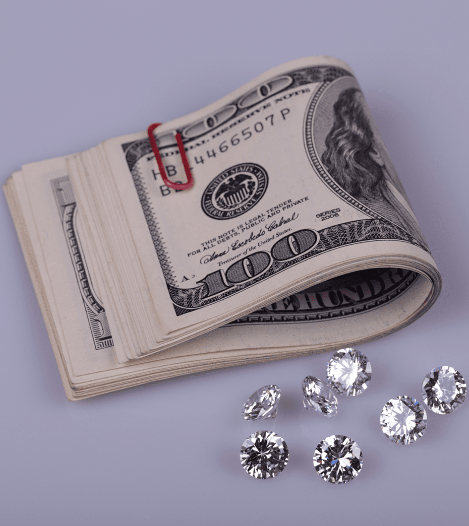 Dollar bills and sparkling gems